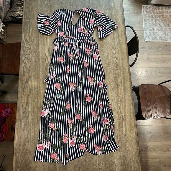 J For Justify Floral High-Low Romper Dress Flutter Sleeve Striped Navy White S - Picture 11 of 11